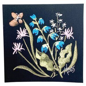 Wild Flowers 4 Original Shimmer Watercolor Painting White Mat 8x8in Frame Ready